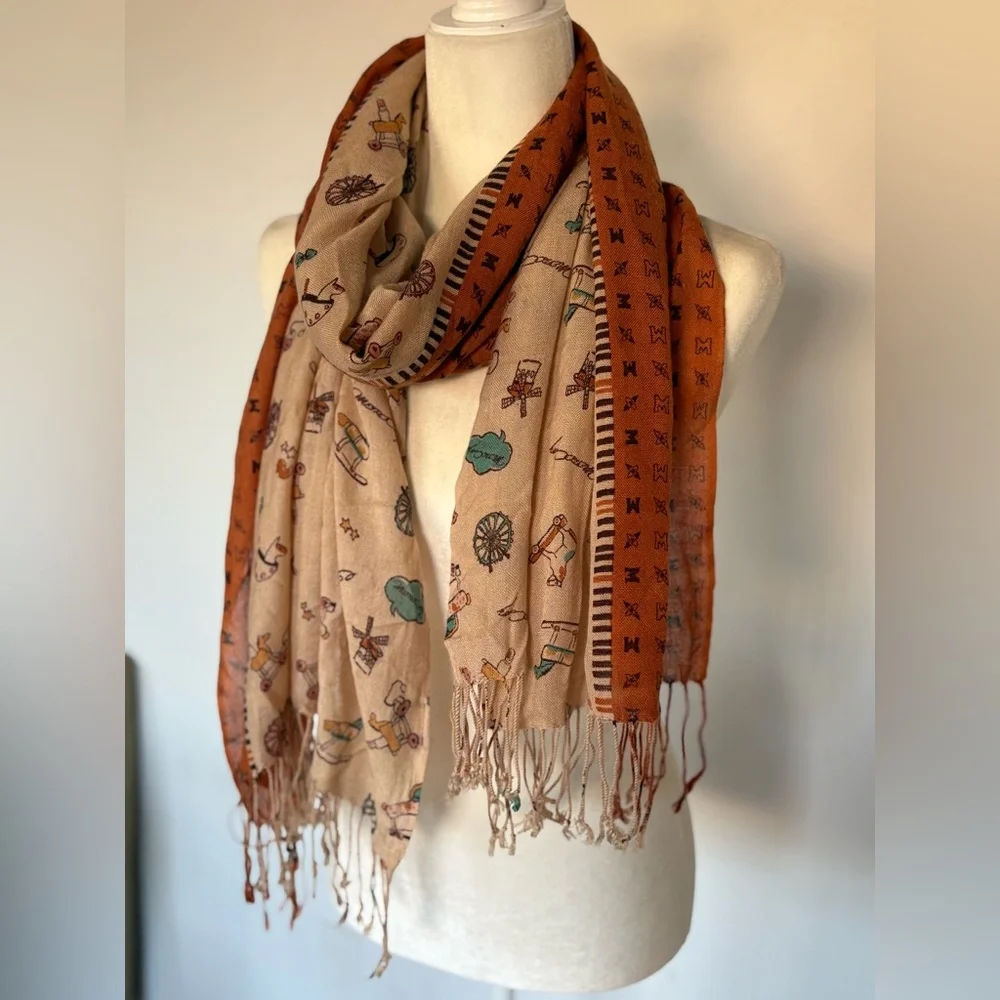 Metrocity Eclectic Patterned Scarf in Brown and Orange Tasseled One Size